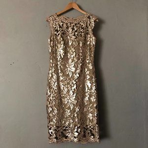 Tadashi Shoji Gold Sequin Embroidered Sheath Dress size 10
